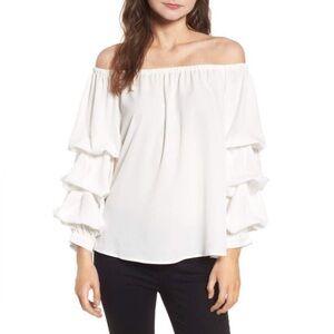 Chelsea28 Cascading Bell Sleeve White Off-Shoulder Blouse